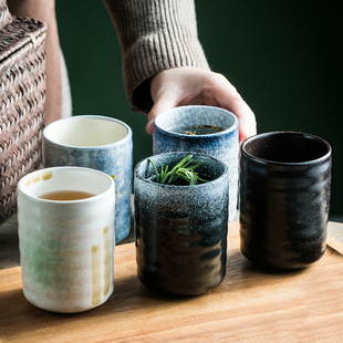 日式和风陶瓷直身杯家用单个工夫茶杯手绘复古酒杯喝水杯子随手杯