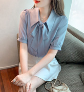 蝴蝶结衬衫女蓝色雪纺衬衣，2023夏季短袖，系带设计感甜美上衣