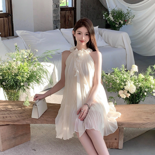 fairyjiang夏季荷叶边白色，无袖挂脖雪纺连衣裙短款仙女，裙子含胸针