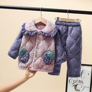 冬季儿童法兰绒三层夹棉加厚睡衣，长毛绒家居服女童，珊瑚绒睡衣套装