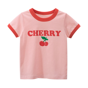 女童粉红樱桃草莓短袖t恤3岁1宝宝圆领，上衣小童纯棉夏装2婴儿半袖