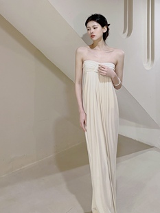 米白色 新中式茶歇抹胸裙 希腊女神连衣裙 度假风长裙