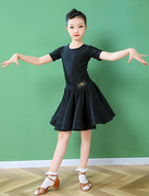 儿童拉丁舞服女童夏季黑色短袖比赛表演高档舞蹈裙伦巴标准练功服