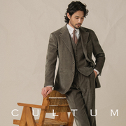CULTUM100%棉意式灯芯绒条纹休闲西服套装男士商务复古西装三件套