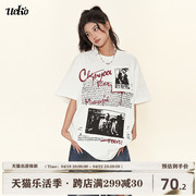 ueko夏季美式复古高街短袖女宽松创意，布贴印花圆领纯棉t恤vintage