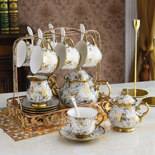 下午茶茶具套装16件欧式陶瓷金边咖啡具咖啡杯，下午花茶客厅杯具