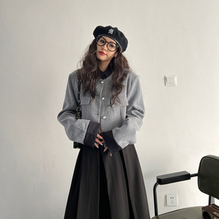 韩版设计感小香风灰色高腰短款宽松立领拼接西装夹克开衫外套女
