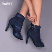 suphini专业时尚heels蓝色，软底高跟短靴系带，高跟鞋拉丁爵士跳舞鞋