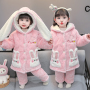 女童珊瑚绒睡衣，套装冬装三层加厚宝宝，儿童家居服中长款