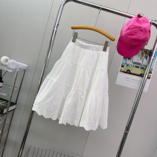 品牌2024夏季女童花朵蕾丝裙白色半身裙伞裙花边裙中长款裙子