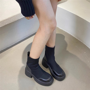 秋季高跟短靴女春秋，单靴2023韩版高级感厚底弹力瘦瘦小个子靴