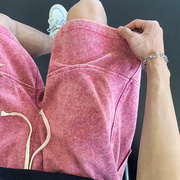 粉红色做旧短裤男生夏季薄款美式复古休闲潮牌大码中裤运动五分裤
