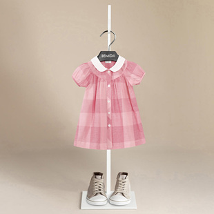 伯米吉夏装新女童(新女童，)纯棉娃娃领衬衫连衣裙，宝宝婴幼儿粉色格子公主裙