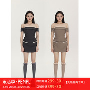 pempl时尚套装女春夏一字，肩芭蕾风蕾丝上衣，甜美短裙子两件套