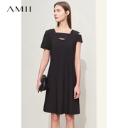Amii2024夏不对称短袖直筒微弹梭织短款A字裙摆连衣裙女款