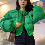 短款小个子圆领羽绒棉服2023年冬季时髦绿色设计感小众纽扣面包服