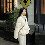 尔尔自制小个子黄色立领羽绒服，女冬季短款加厚白鸭绒(白鸭绒)面包服外套