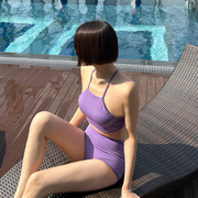 泳衣女紫色比基尼分体小平角保守遮肚显瘦挂脖小胸沙滩泡温泉