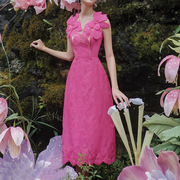 越南小众设计女装2022夏季玫红色连衣裙立体花朵长裙提花刺绣1029