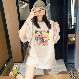 涂鸦中长款短袖t恤女夏季2024韩版纯棉，上衣遮屁股减龄体恤潮