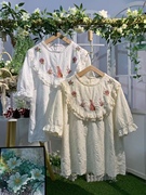 日韩森女系甜美减龄圆领薄棉绣布短袖衬衫卡通兔子花朵刺绣夏上衣