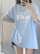 奶蓝色美式oversize短袖t恤女2024夏季纯棉，宽松美式复古小众上衣