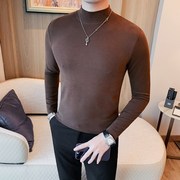 男士中领长袖t恤韩版修身紧身纯色，秋冬季百搭半高领弹力打底衫潮
