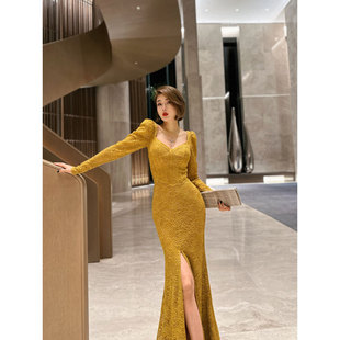 xulu原创轻奢优雅提花，蕾丝鱼尾裙收腰，气质长袖雌黄色包臀连衣裙