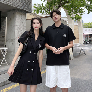 情侣装夏季韩版ins短袖T恤法式西装连衣裙小众设计感一裙一衣潮流