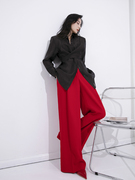 Aksaya设计感大红色阔腿裤高腰长裤女时尚复古洋气高个子裤子春秋