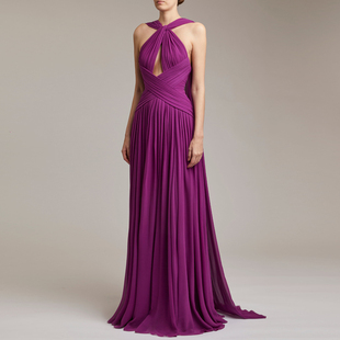 紫色晚礼服露背长裙，2023高端大气雪纺走秀模特，团体演出连衣裙
