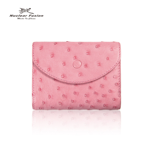 聚变手工皮具高端定制粉色全鸵鸟皮真皮经典女士三折包盖款零钱包