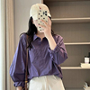 紫色衬衫女设计感2023年韩版通勤茧型褶皱下摆，纯色棉长袖衬衣