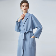 蓝色羊绒大衣水波纹中长款秋冬系带修身显瘦双面羊毛呢子外套