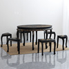 新中式彩绘餐桌椅组合手绘漆黑描金实木桌餐厅大圆桌定制家具