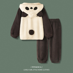 设计师款情侣睡衣女，秋冬珊瑚绒加厚熊猫可外穿大码男士家居服