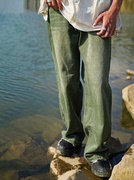 KAZANKOORI 浅绿色水洗韩版宽松直筒个性男女中腰绿色磨边牛仔裤