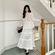 花妖原创复古法式荷叶，边朦胧透视蕾丝剪花，白衬衫仙气长裙两件套装