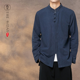 中国风男装秋冬盘扣长袖衬衫，中式亚麻衬衣，中华立领外套唐装居士服