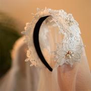 法式复古蕾丝花朵花环珍珠，发箍领证新娘，头纱大气户外民国风造型