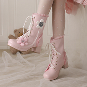 女童冬季高跟鞋儿童粉色公主风，马丁靴中大童，中筒靴小女孩加绒短靴