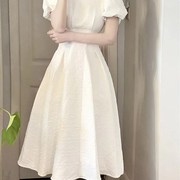 泡泡袖连衣裙女装，夏季长裙白色裙子2023年法式小个子显瘦春秋