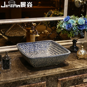 景焱蓝色石子台上盆，欧式陶瓷洗脸盆，正方形艺术台盆仿古面盆洗手盆
