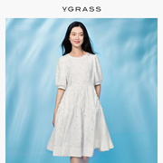 vgrass重工蕾丝白色连衣裙，夏季减龄气质真丝小白裙vsl2o20700
