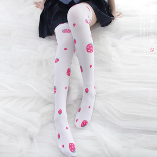 lolita天鹅绒过膝袜女日系二次元印花高筒草莓樱花白丝长高筒袜子