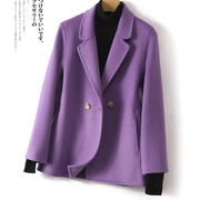 23韩版小西装羊毛大衣女，常规款宽松外套，纯色双面呢大衣女上衣
