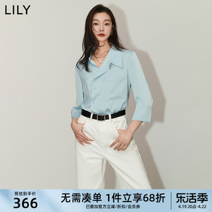 LILY2024夏女装设计感不对称气质通勤款宽松垂坠感七分袖衬衫