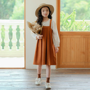 韩版女童秋款长裙中大童假二件背带连衣裙长袖亲子装