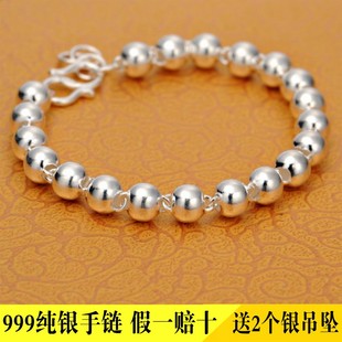 s999纯银圆珠手链女情侣，足银珠子手链宝宝儿童，转运珠银饰礼物