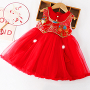 女童新年装连衣裙公主，裙儿童裙子宝宝冬裙红色背心裙中国风蓬蓬裙